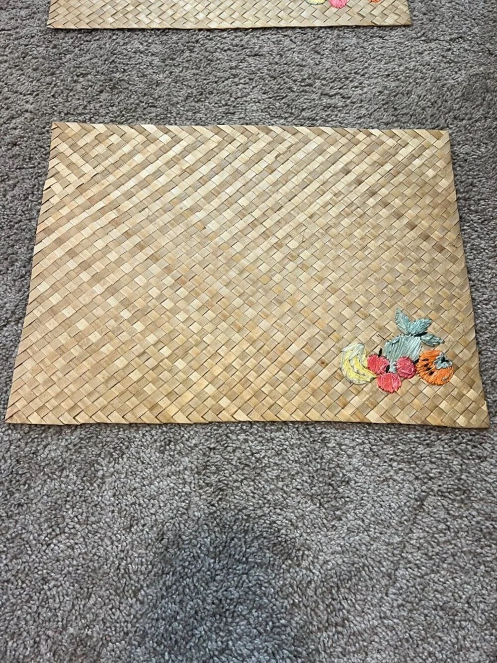 Set Of 4 Vintage Woven Straw Placemats With Embroidered Fruit Design